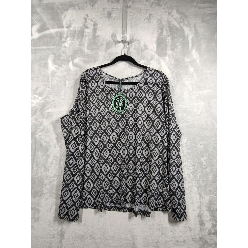 Sterling Kreek Women 3XL Black White Southwestern Geometric Mesh Long Sleeve Top